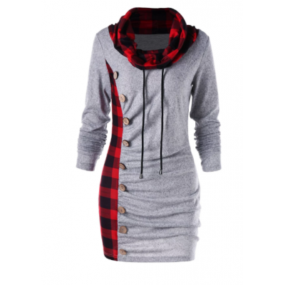 Plaid Cowl Neck Tunic Sweatshirt Dress - Heather Gray